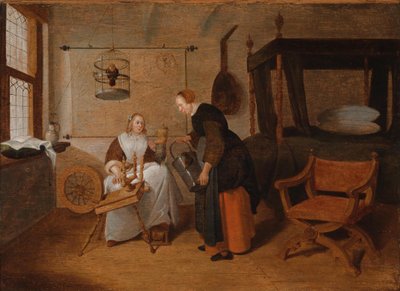 Interior with a Young Woman at the Spinning Wheel and a Maid by Quirijn van Brekelenkam